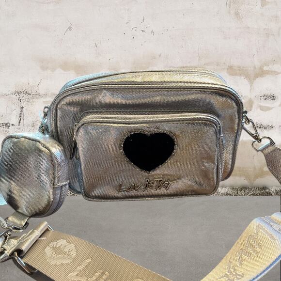 Betsey Johnson Handbags - BETSEY JOHNSON Heart Patch Camera Crossbody Bag + Pouch Metallic Silver